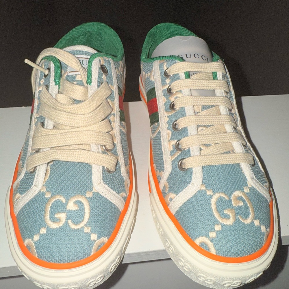 Gucci Blue and Green Sneakers with Orange Accents